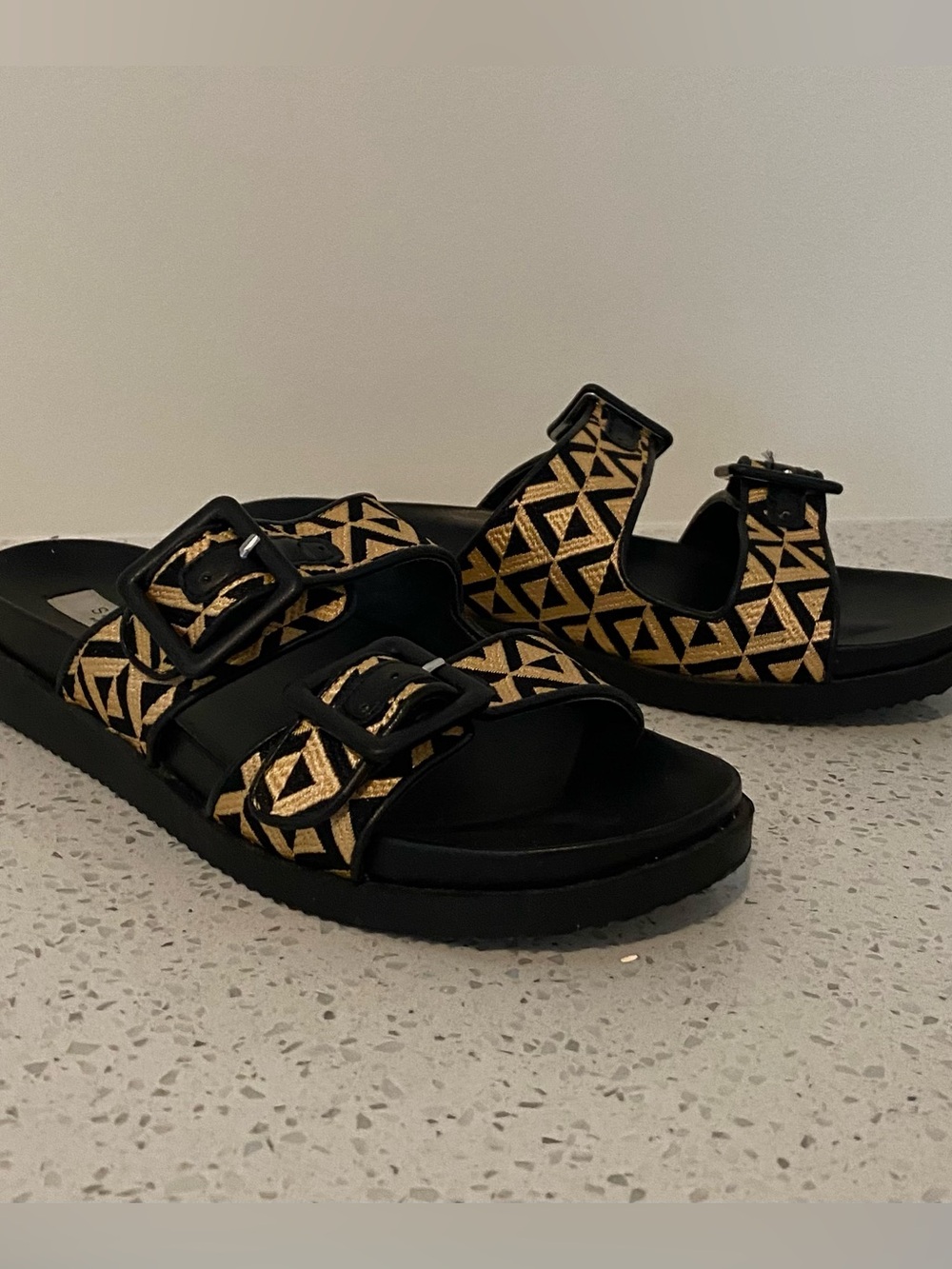 Michael Kors Black and Gold Patterned Buckle Sandal